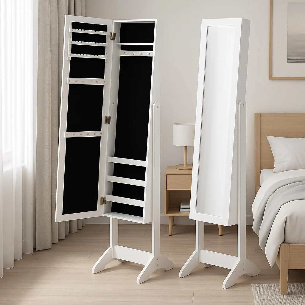 Specchiera Portagioie Armadietto Portagioielli con Specchio Legno Bianco - immagine 4