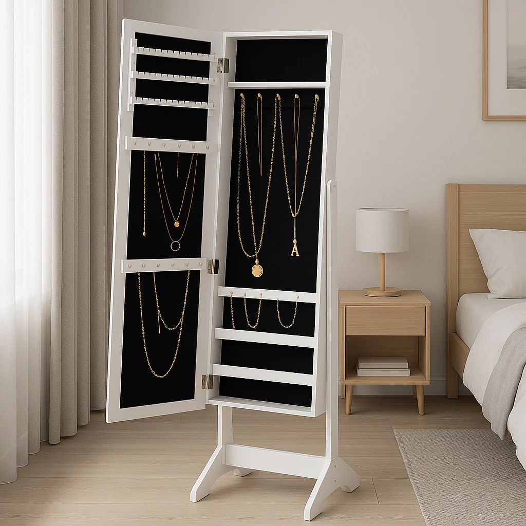 Specchiera Portagioie Armadietto Portagioielli con Specchio Legno Bianco - immagine 5