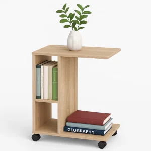 Tavolino Multifunzione Porta Pc Laterale Divano con Libreria e Ruote Quercia