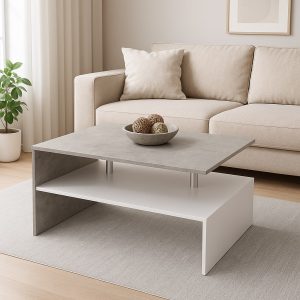 Tavolino Soggiorno 90x59.5x42cm Design Moderno Legno MDF 2 Ripiani Bianco Grigio