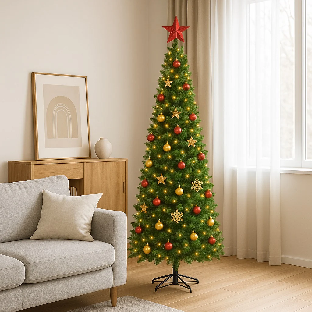 Albero di Natale Slim Pino Verde 240cm Artificiale 1125 Rami Pvc Ignifugo Salvaspazio - immagine 6