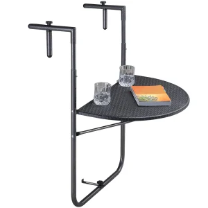 Tavolino Balcone Pieghevole Metallo e Polyrattan 2 Porta Bicchieri Regolabile Nero