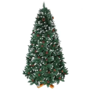 Albero di Natale Innevato 180cm Folto con Pigne 831 Rami Base Legno Massello