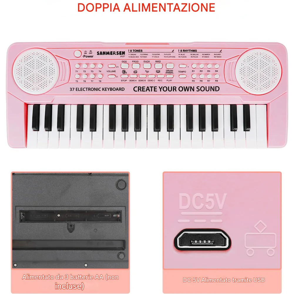 Tastiera Giocattolo Musicale Bambini 37 Tasti con Microfono Piano Keyboard Elettronico Educativo - immagine 5