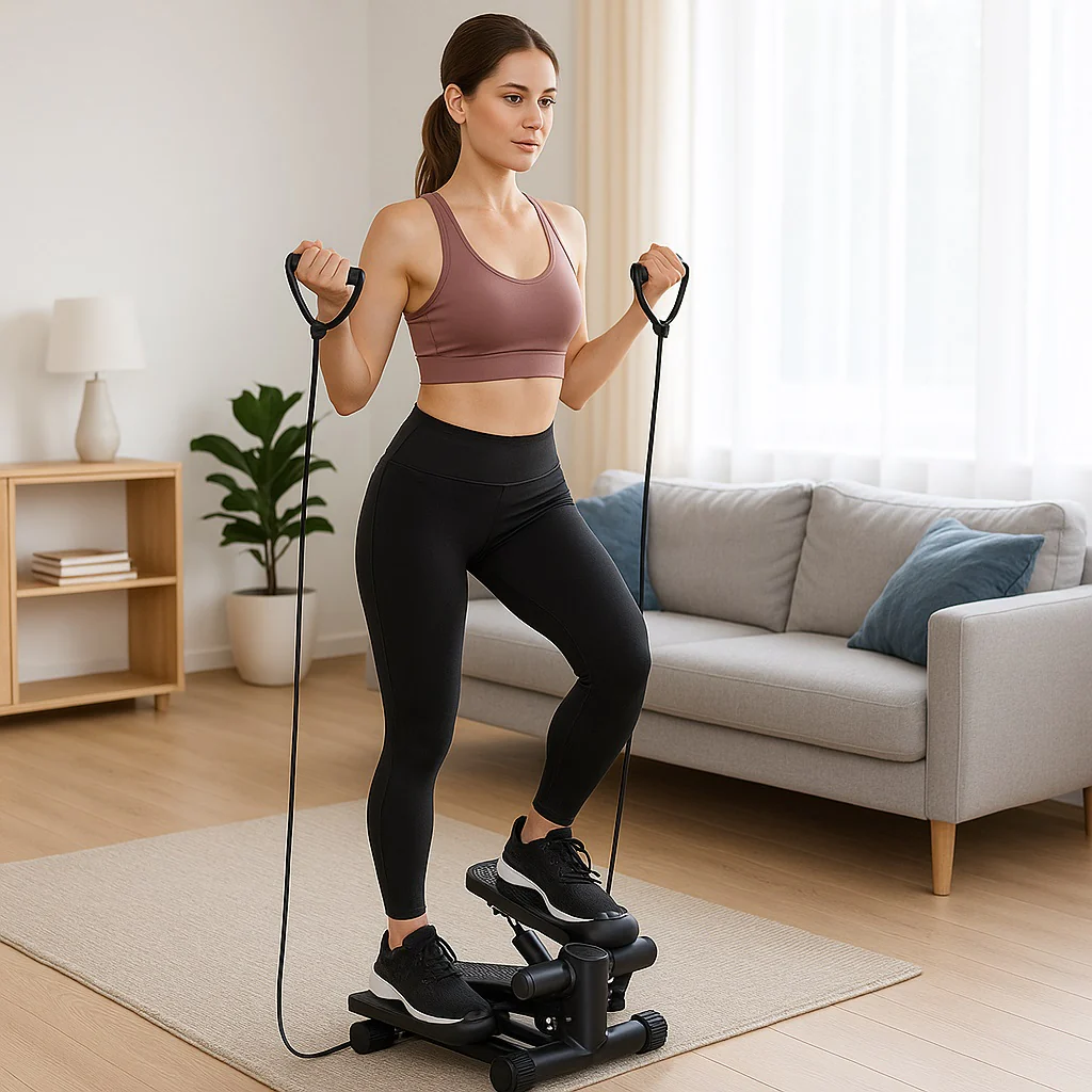 Stepper Allenamento Cardio Fitness Palestra con Manubri Elastici e Display Digitale Nero - immagine 5