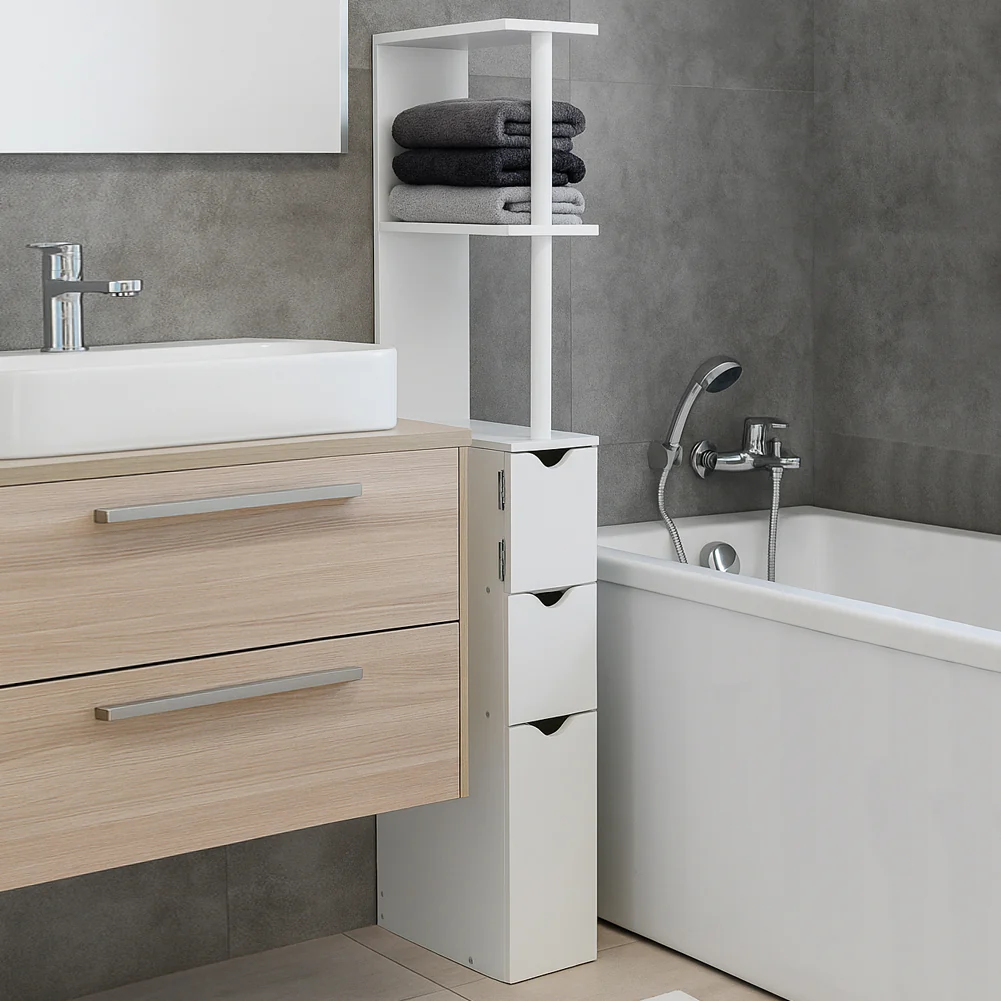 Mobile Colonna Bagno Salvaspazio Legno Mdf Bianco 3 Cassetti 2 Ripiani 136cm - immagine 4