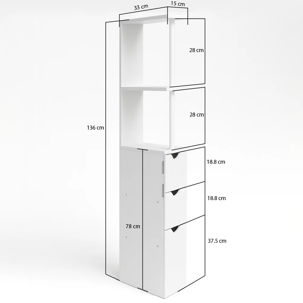 Mobile Colonna Bagno Salvaspazio Legno Mdf Bianco 3 Cassetti 2 Ripiani 136cm - immagine 5