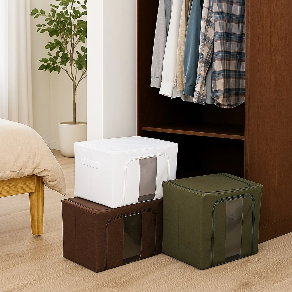 3 Scatole Pieghevoli per Armadio 50x40x32 con Struttura in Metallo e Tnt Resistente - immagine 6