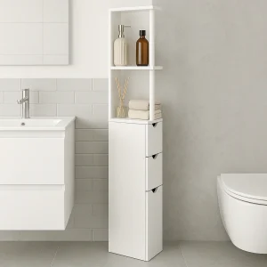 Mobile Colonna Bagno Salvaspazio Legno Mdf Bianco 3 Cassetti 2 Ripiani 136cm