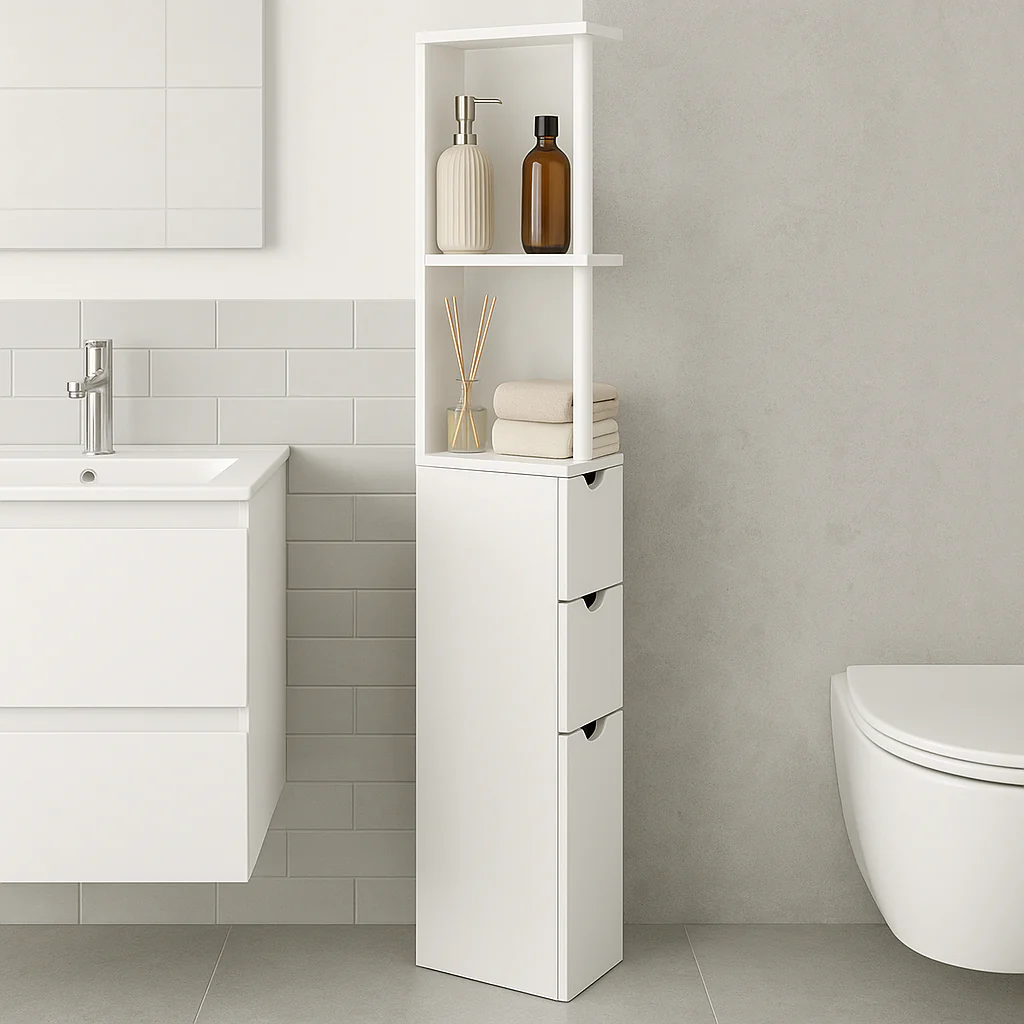 Mobile Colonna Bagno Salvaspazio Legno Mdf Bianco 3 Cassetti 2 Ripiani 136cm - immagine 2