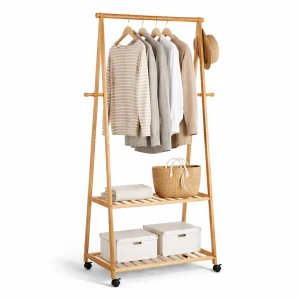 Stand Appendiabiti in Legno di Bambù con Ruote 2 Ripiani per Camera e Ingresso