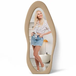 Specchio Grande Ondulato 60x160 cm da Parete con Cornice in Velluto Moderno Beige