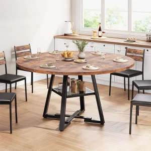 Tavolo da Pranzo Tondo Industrial 120x120 cm con Ripiano Portaoggetti Metallo Nero