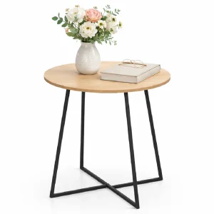 Tavolino da Salotto Tondo 40x40 Moderno Struttura Metallo Nero Piano in Legno