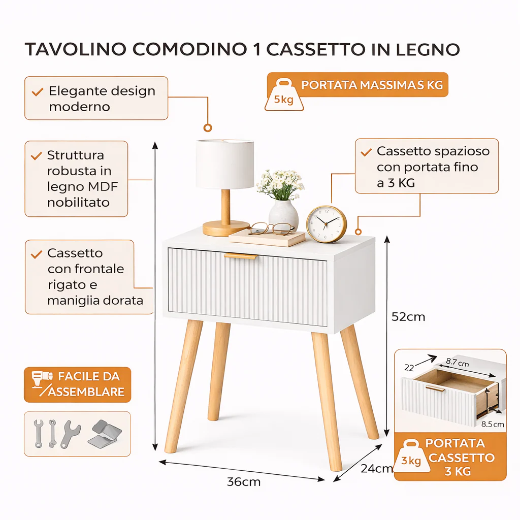 Tavolino Comodino Moderno in Legno 1 Cassetto 36x24 H52 cm Colore Bianco - immagine 4