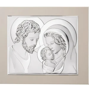 pannello “Sacra Famiglia” rettangolare su tavola tortora con arg.