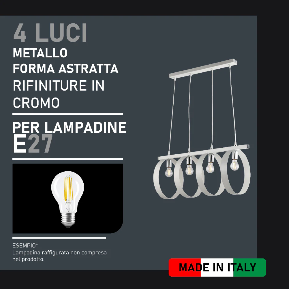Lampadario Sospensione Metallo verniciato Barbara 4 Luci E27 Bianco/Cromo - immagine 5