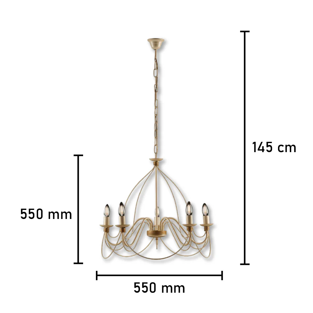 Lampadario Sospensione Metallo Verniciato Assia 5 luci E14 Avorio Oro Classico - immagine 4
