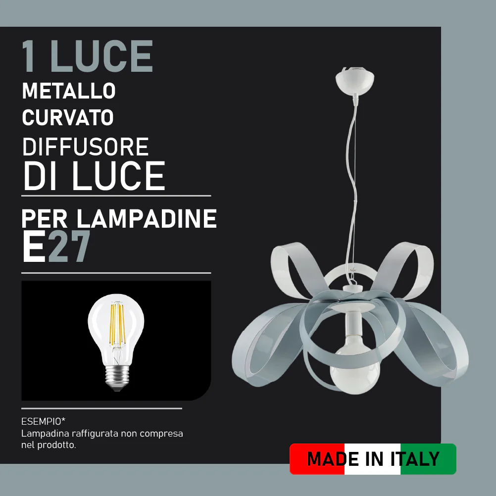 Lampadario Moderno 1 Luce Metallo Verniciato Curvato Bianco Grigio - immagine 5