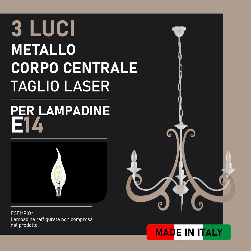 Lampadario Sospensione Metallo Verniciato Camilla 3 luci E14 Bianco/Tortora - immagine 5