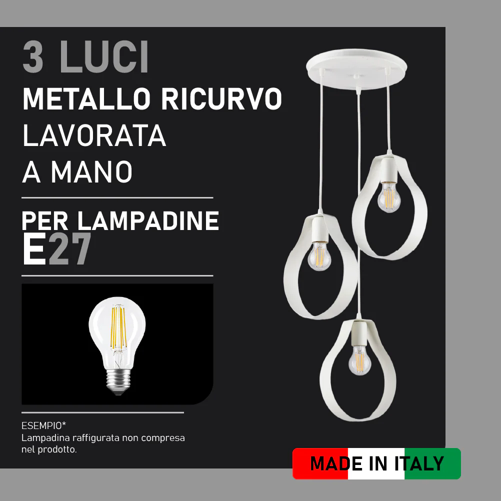 Lampadario Sospensione in Metallo Ricurvo Lavorato a Mano 3Luci E27 57W Bianco - immagine 6