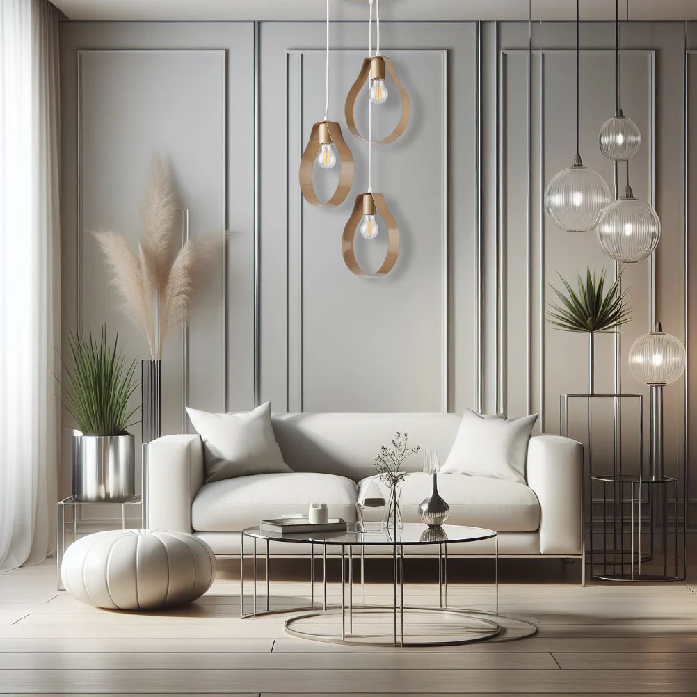 Lampadario Sospensione in Metallo Ricurvo Lavorato a Mano 3Luci E27 57W Tortora - immagine 6