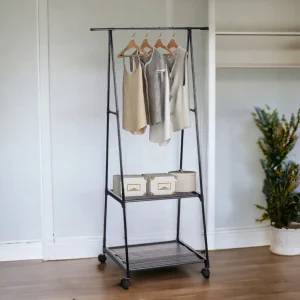 Appendiabiti 2 Ripiani Struttura in Metallo Attaccapanni con Ruote per Ingresso, Camera, Ufficio