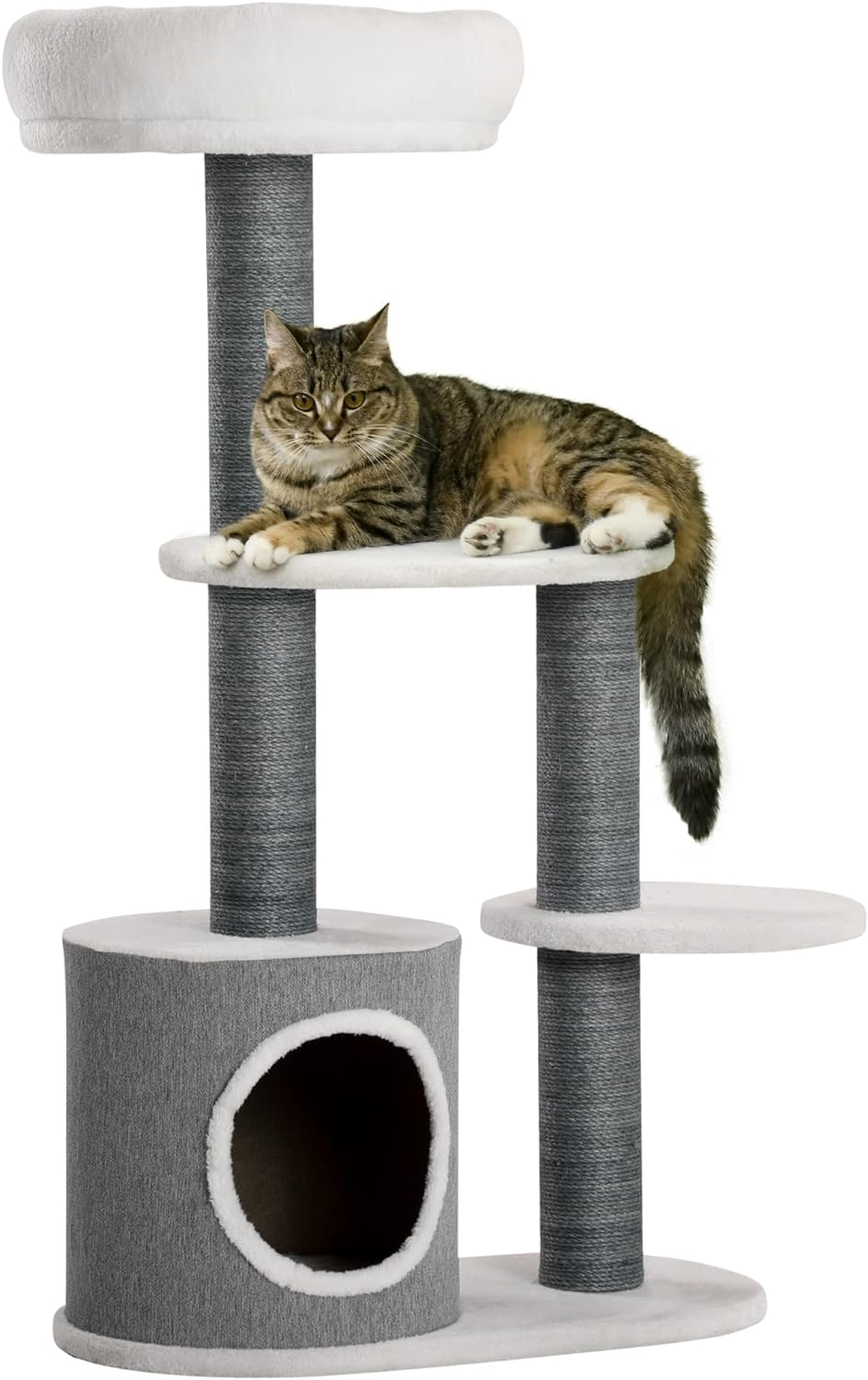 Albero per Gatti, Lettino Casetta e Tira graffi, 55.5x30.5 H 98 cm, Bianco Grigio - immagine 7