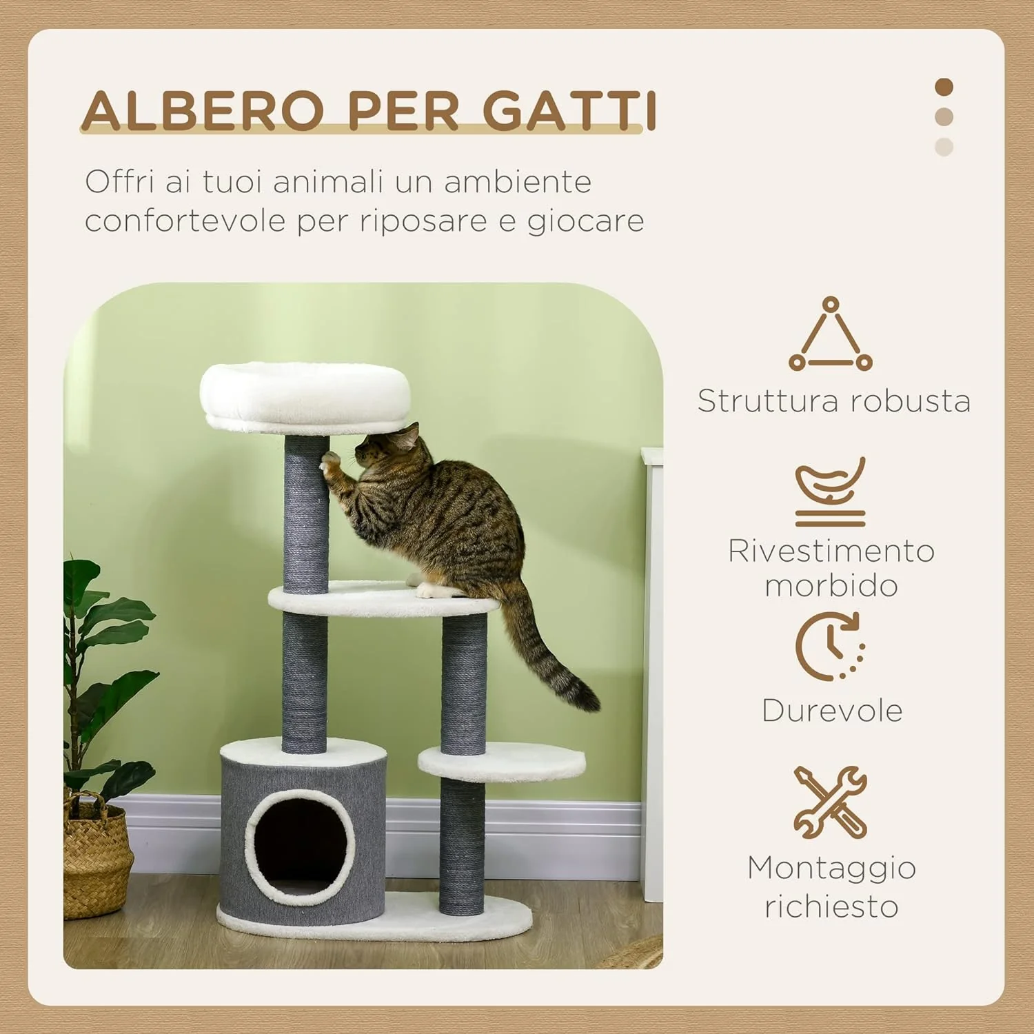 Albero per Gatti, Lettino Casetta e Tira graffi, 55.5x30.5 H 98 cm, Bianco Grigio - immagine 3