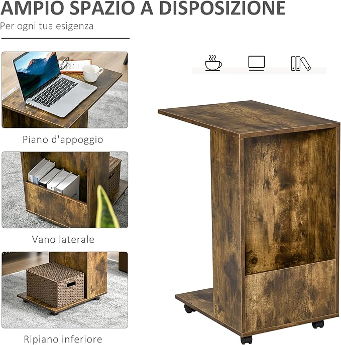 Tavolino da Salotto e Comodino Design a C, Mensola e Vano Laterale, 60x40x70cm - immagine 3