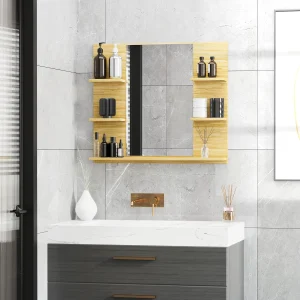 Specchio da Parete Rettangolare, Per Bagno 4 Ripiani Laterali in MDF e Vetro, 80x12.5x70cm