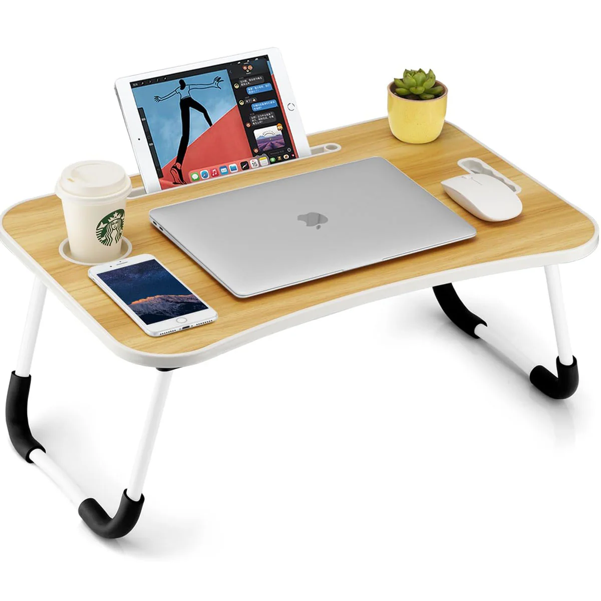 Tavolino Mini Scrivania Vassoio da Letto per PC Tablet Colazione Pieghevole Noce - immagine 2