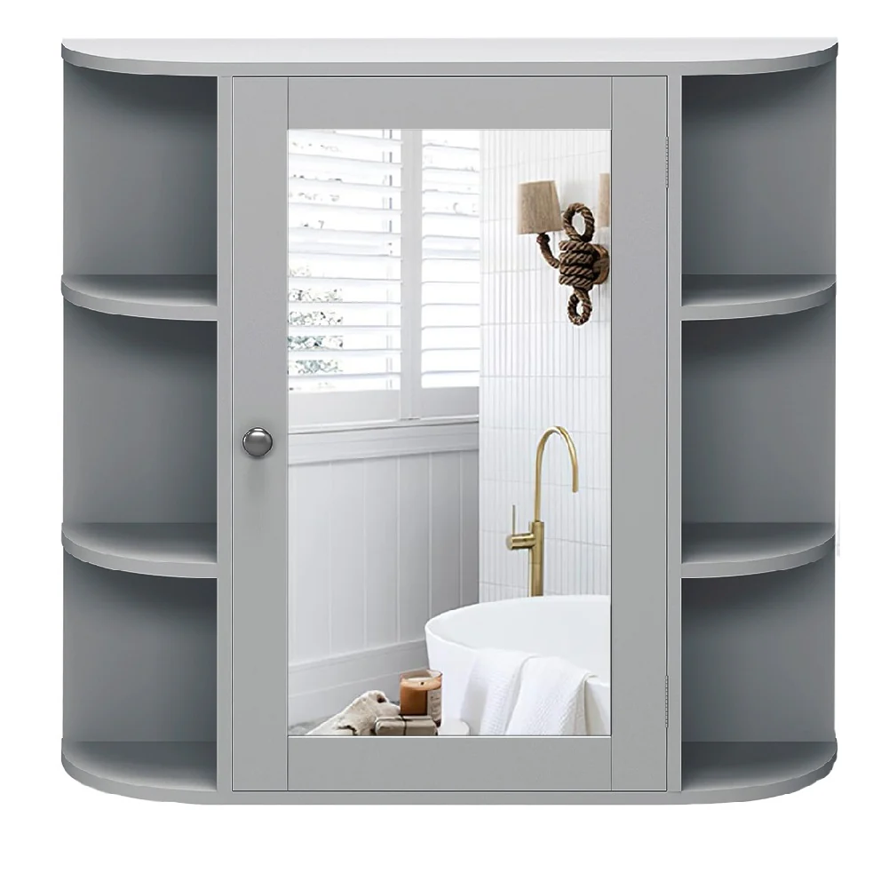 Specchio da bagno 2in1 Armadietto con anta 6 scomparti a vista Grigio mdf - immagine 3