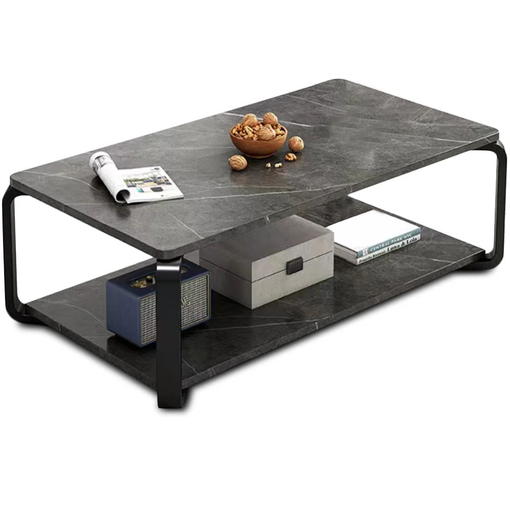 Tavolino da Salotto 2 Ripiani Design Moderno Effetto Marmo Nero Grigio Scuro - immagine 3
