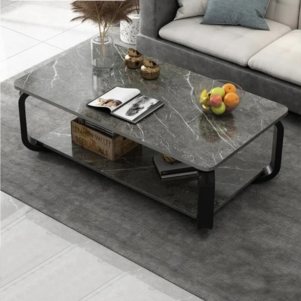 Tavolino da Salotto 2 Ripiani Design Moderno Effetto Marmo Nero Grigio Scuro - immagine 2