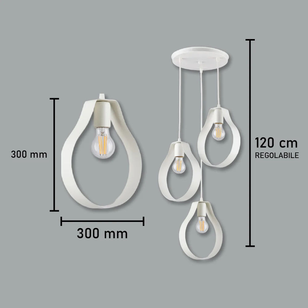 Lampadario Sospensione in Metallo Ricurvo Lavorato a Mano 3Luci E27 57W Bianco - immagine 4
