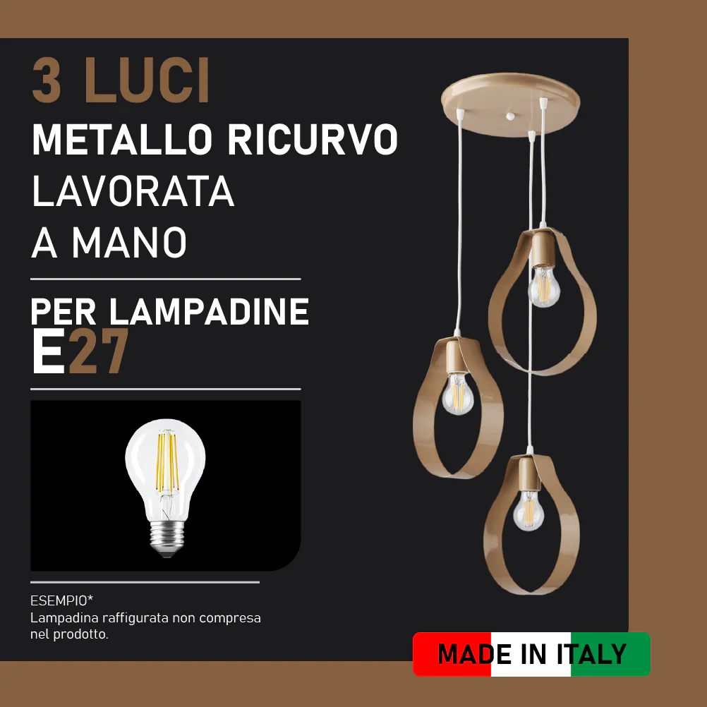 Lampadario Sospensione in Metallo Ricurvo Lavorato a Mano 3Luci E27 57W Tortora - immagine 7