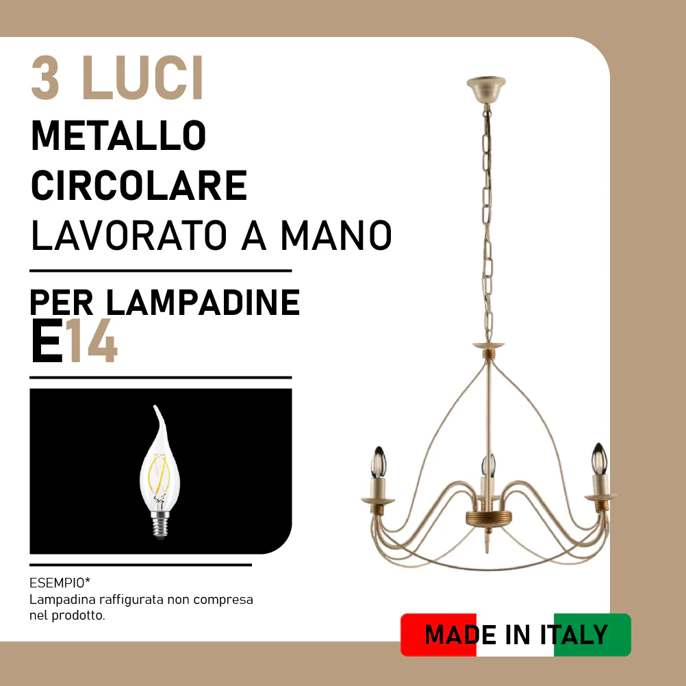 Lampadario Sospensione Metallo Verniciato Assia 3 luci E14 Avorio Oro Classico - immagine 7