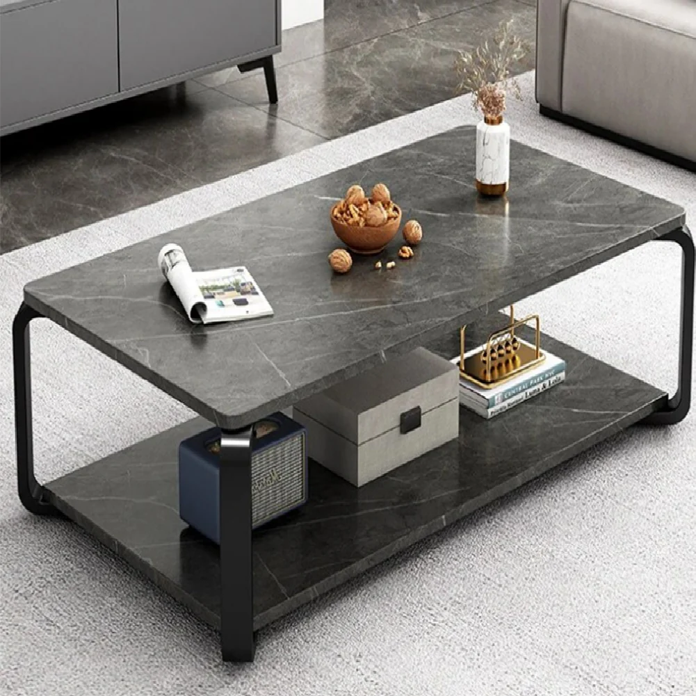 Tavolino da Salotto 2 Ripiani Design Moderno Effetto Marmo Nero Grigio Scuro - immagine 5