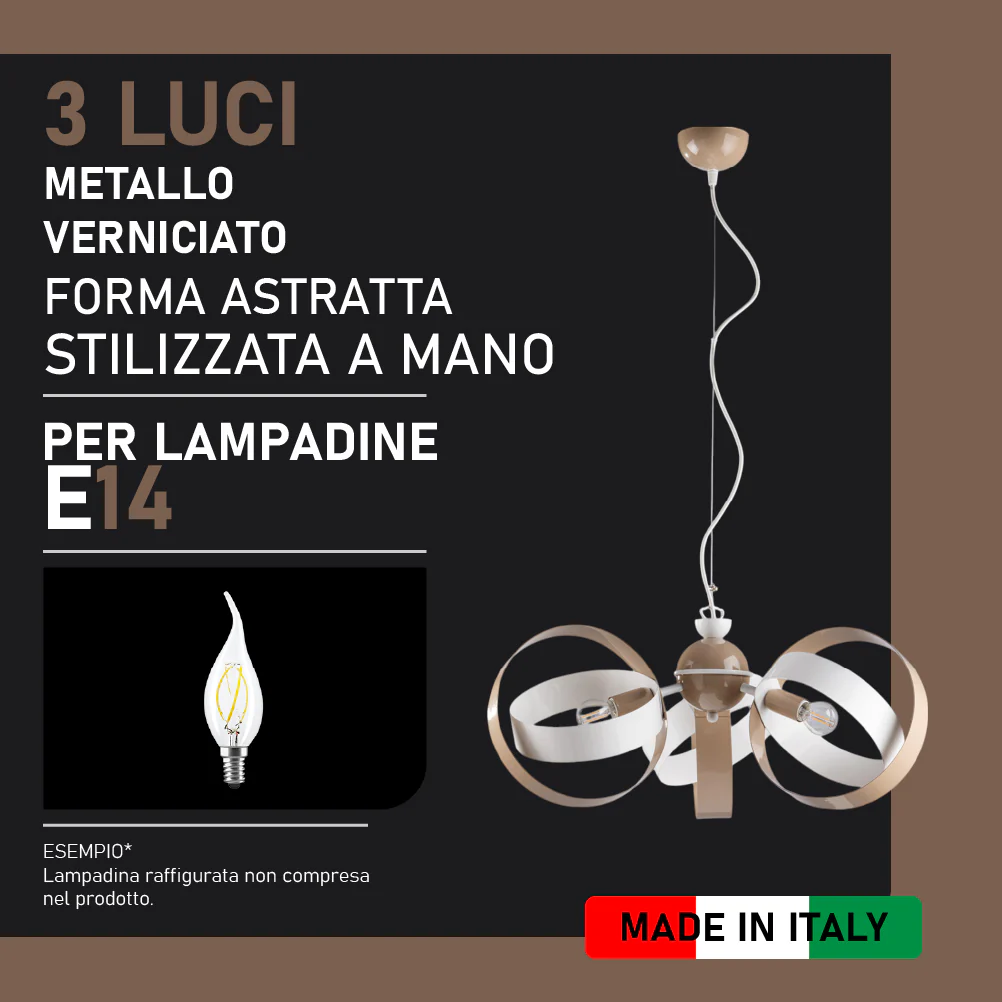 Lampadario Sospensione Metallo Verniciato Forma Astratta 3 luci E14 Valeria BiancoTortora - immagine 8