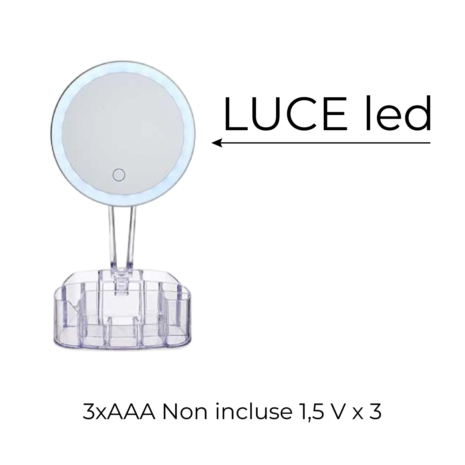 Specchio da Trucco con Luce Led e Porta Accessori Trasparente Ingrandimento 1X - immagine 4