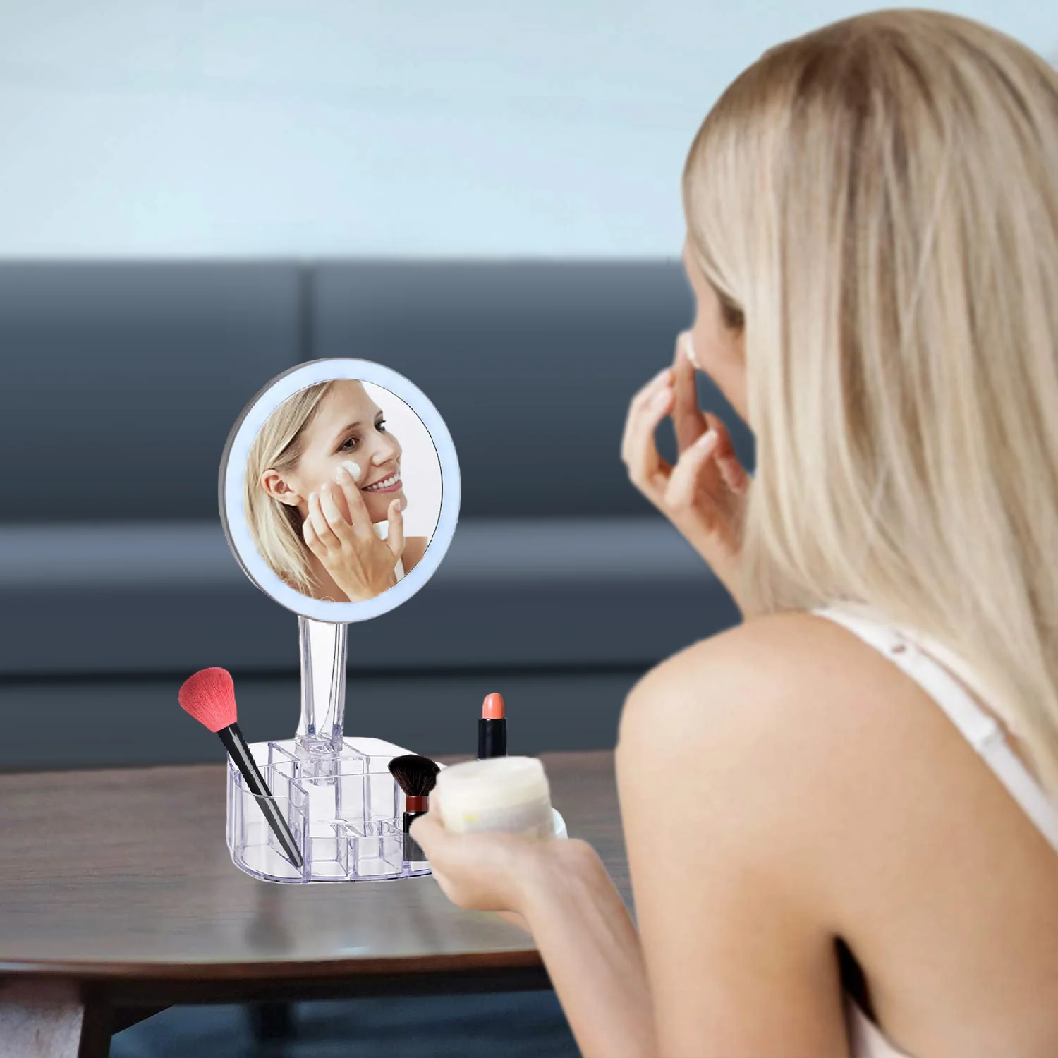 Specchio da Trucco con Luce Led e Porta Accessori Trasparente Ingrandimento 1X - immagine 7