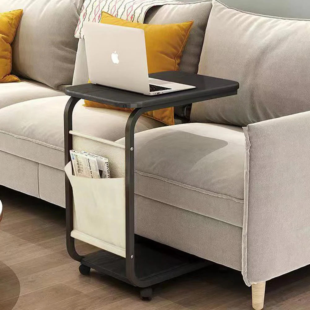 Tavolino per Divano Multifunzione 4 Ruote Moderno Borsa Portaoggetti Nero