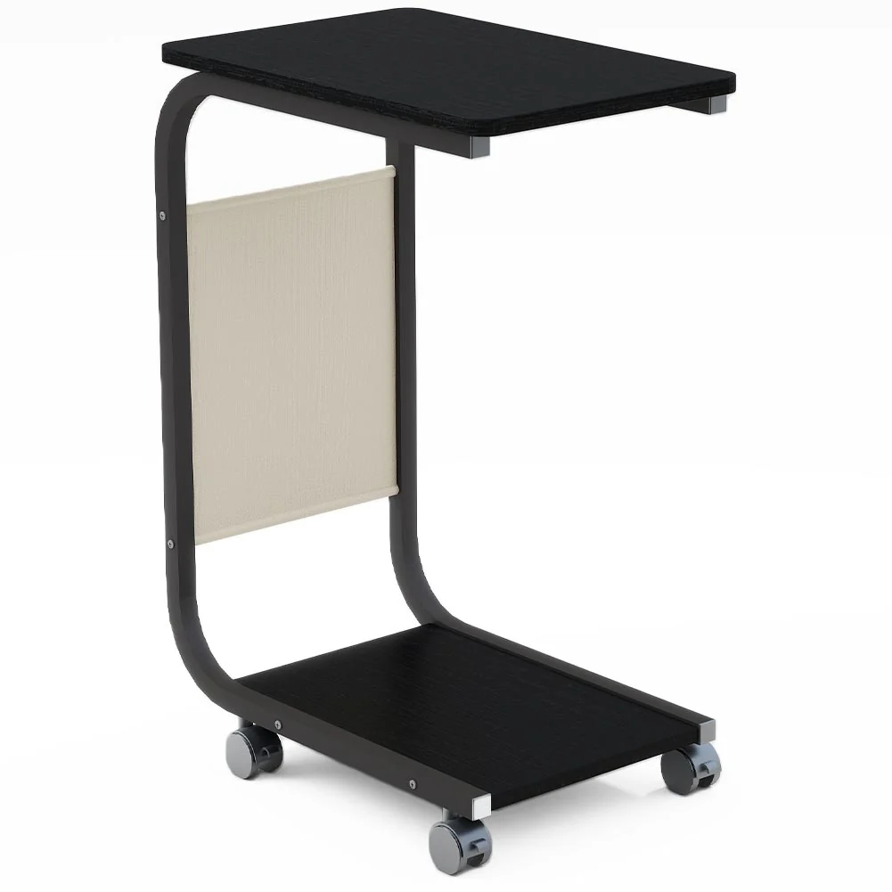 Tavolino per Divano Multifunzione 4 Ruote Moderno Borsa Portaoggetti Nero - immagine 4