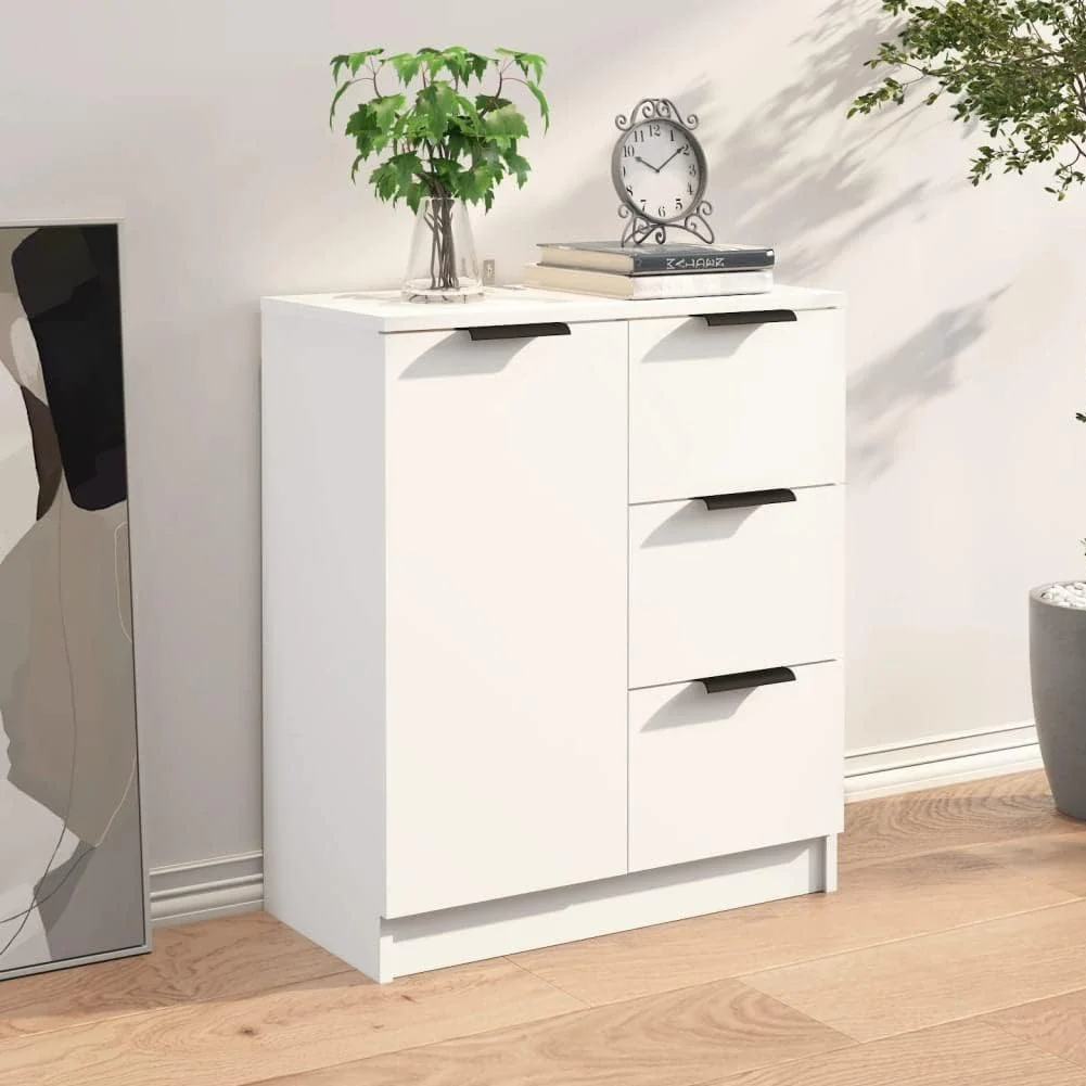 Mobile Credenza in Legno 3 cassetti 1 Anta Salvaspazio 60x30 H 70 cm Bianco - immagine 2