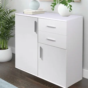 Mobile Credenza in Legno 2 cassetti 2 Anta Salvaspazio 82x35 H 80 cm Bianco