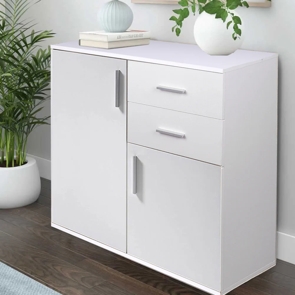 Mobile Credenza in Legno 2 cassetti 2 Anta Salvaspazio 82x35 H 80 cm Bianco - immagine 2