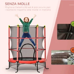 Tappeto Elastico Bambini con Rete di Sicurezza e Pali Imbottiti 163 H 163cm Rosso